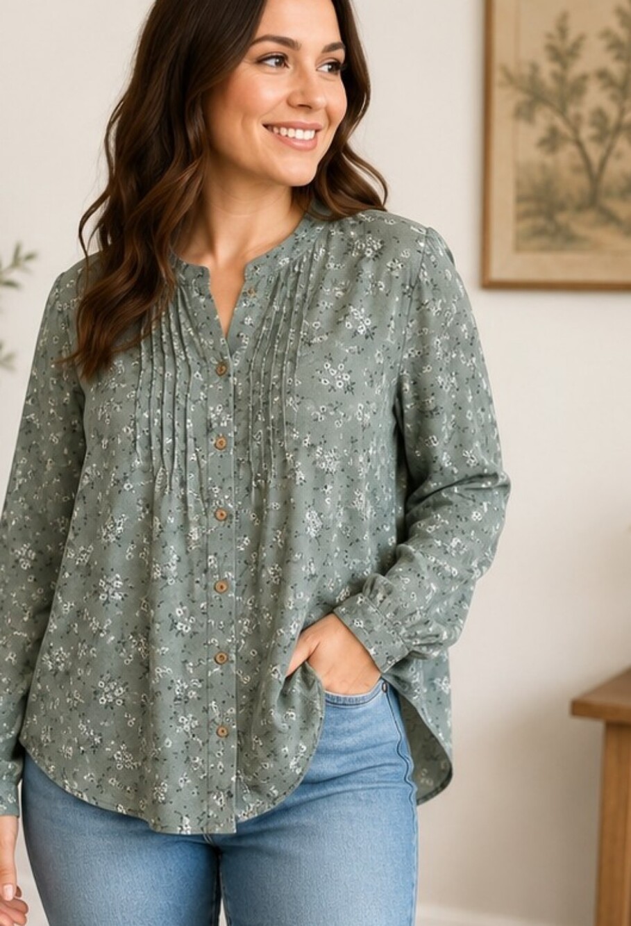 Women's Floral Button Front Blouse Top Size 5XL Sage Green Boho Cottagecore